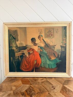 Vintage Framed Oil Painting Victorian Ladies Piano Cello